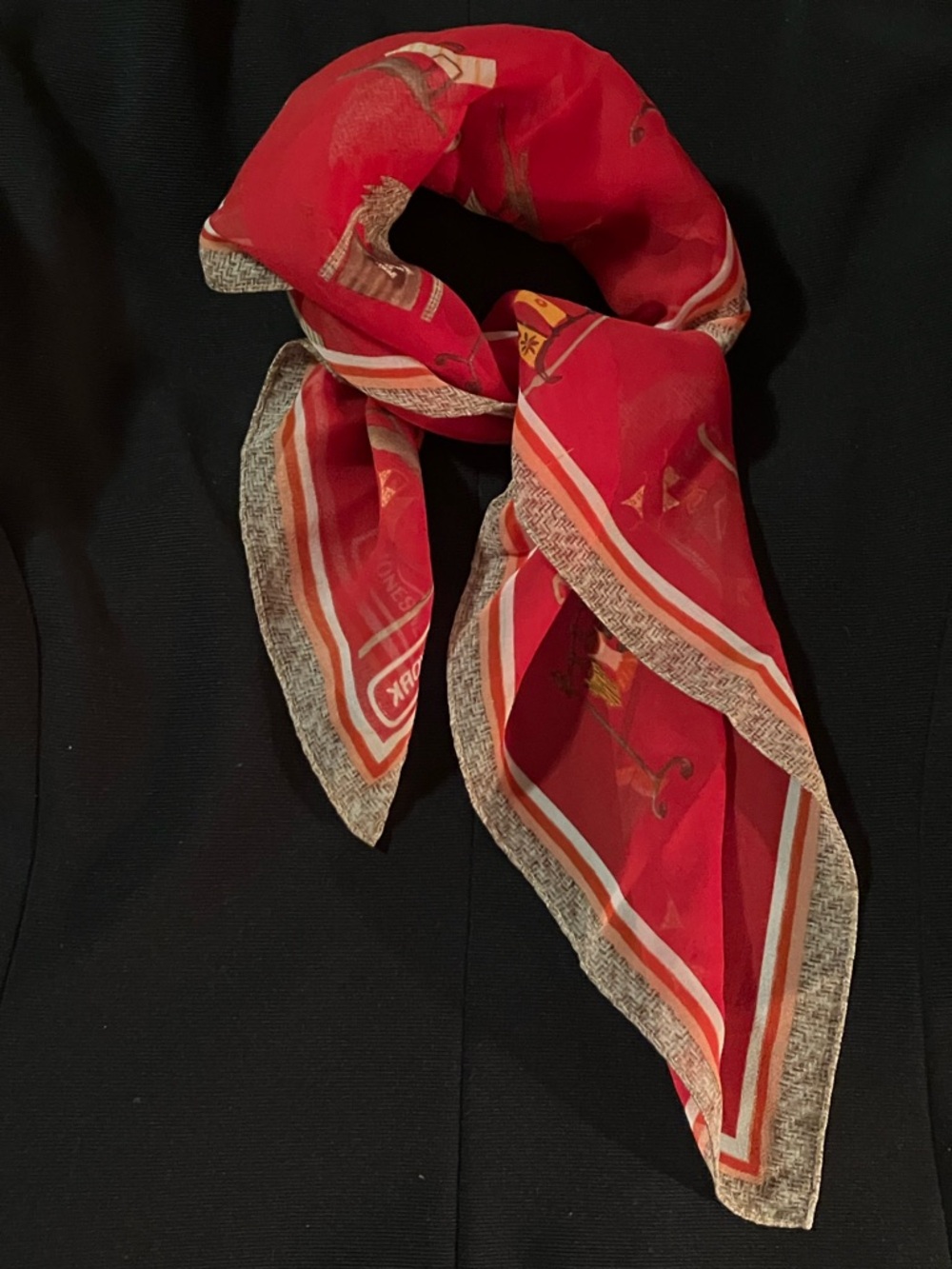 New Jones New York Red Patterned Silk Neck Scarf with Beige Trim